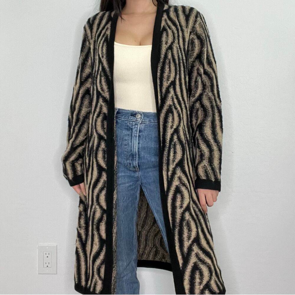 Chico's Abstract Mohair Blend Long Cardigan Sweater Coat Open Front Size 2/Large